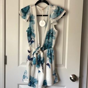 White and Blue Floral Tie Front Romper
